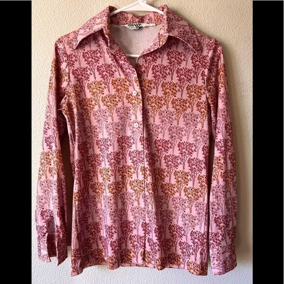 Vintage 70s Devon 100% Polyester Dusty Rose Floral Print Button Down Top Size S - Picture 1 of 8